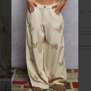 Women's Straight Leg Embroidered Butterfly Pants - Cream
